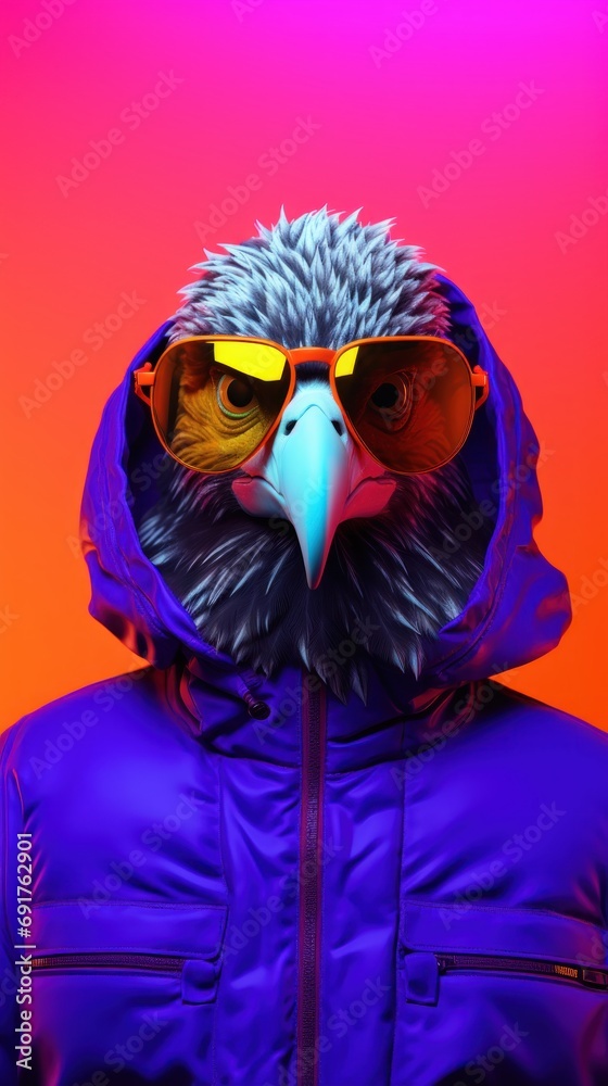Portrait photorealistic of anthropomorphic fashion Eagle isolated on solid neon background. Creative animal concept. Portrait photorealistic of anthropomorphic fashion Eagle isolated on solid neon background. Creative animal concept.