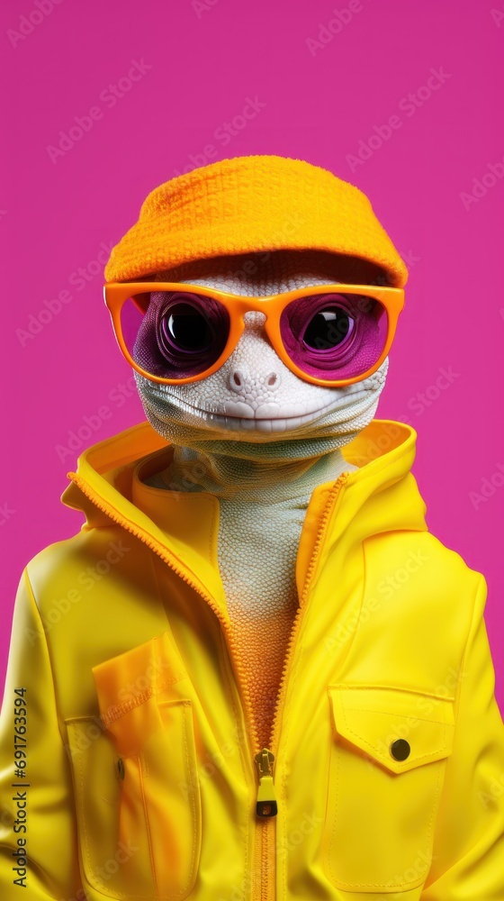Portrait photorealistic of anthropomorphic fashion Gecko isolated on solid neon background. Creative animal concept. Portrait photorealistic of anthropomorphic fashion Gecko isolated on solid neon background. Creative animal concept.