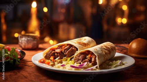 Shawarma sandwich, fresh chicken beef roll. Kebab on the table. AI Generated photo