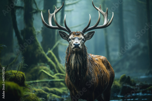 A giant deer standing majestically in a rainforest landscape. Generative AI. © visoot