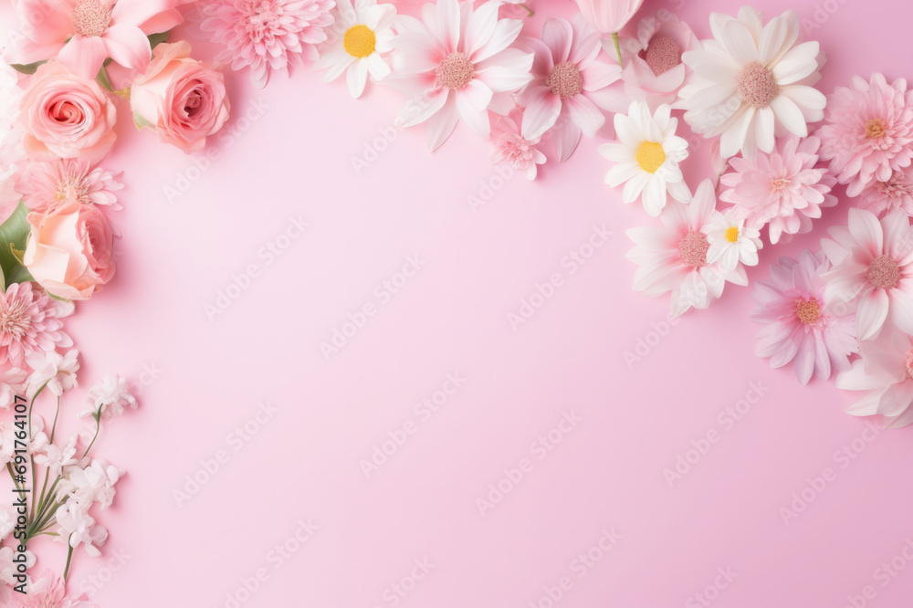 A bouquet of flowers in a pink background, free space. Copy Space