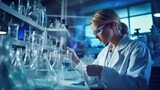Young woman scientist conducting research investigations in a medical lab. AI Generated