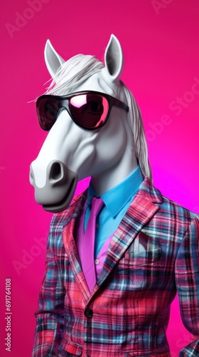 Portrait photorealistic of anthropomorphic fashion Horse isolated on solid neon background. Creative animal concept. 