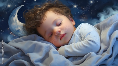 Cute little baby sleeping like an angel dreaming of starry night sky with white clouds and moon. AI Generated