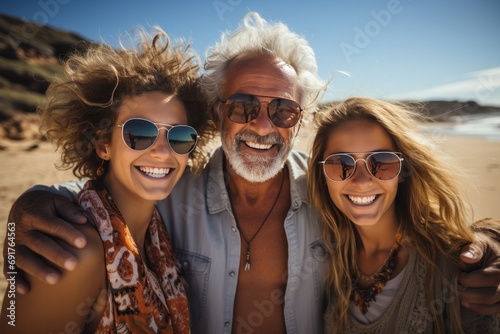 Harmonious multi-generation family, arms around each other, on a sunny day at the beach, Generative AI