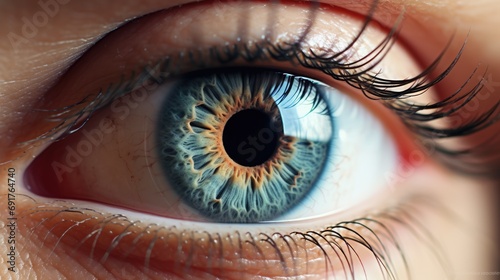 Girl's eye close up image. Blue green eye macro. Black eyelashes. AI Generated