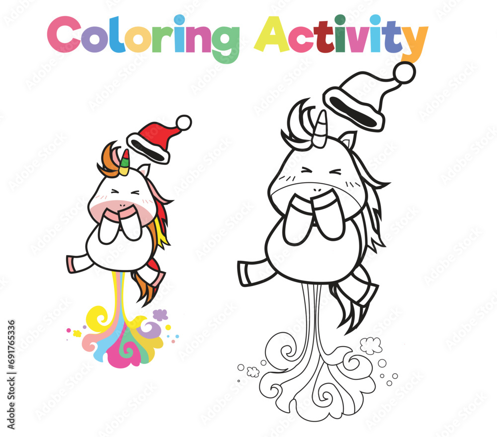 Simple colouring page for kids with Christmas unicorn, a cute unicorn happily jumping. Coloring activity for children. Coloring page. Coloring book pages for adults and kids.
