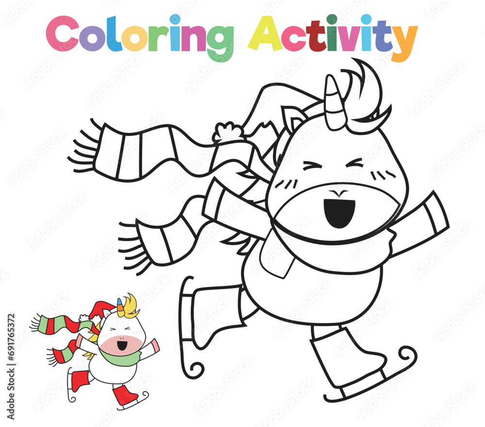 Simple colouring page for kids with Christmas unicorn, a cute unicorn doing an ice skating. Coloring activity for children. Coloring page. Coloring book pages for adults and kids.