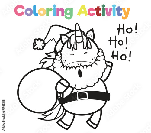 Simple colouring page for kids with Christmas unicorn  a cute unicorn santa claus. Coloring activity for children. Coloring page. Coloring book pages for adults and kids. 