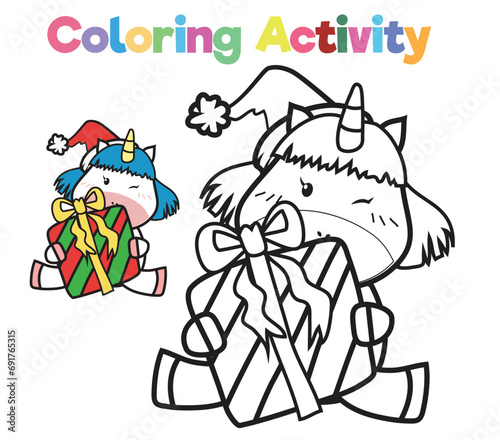 Simple colouring page for kids with Christmas unicorn, a cute unicorn holding christmas gift. Coloring activity for children. Coloring page. Coloring book pages for adults and kids.