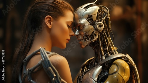 AI android robot hugs a woman. Relationship between artificial cyborg and real girl. Closeup portrait. AI Generated photo