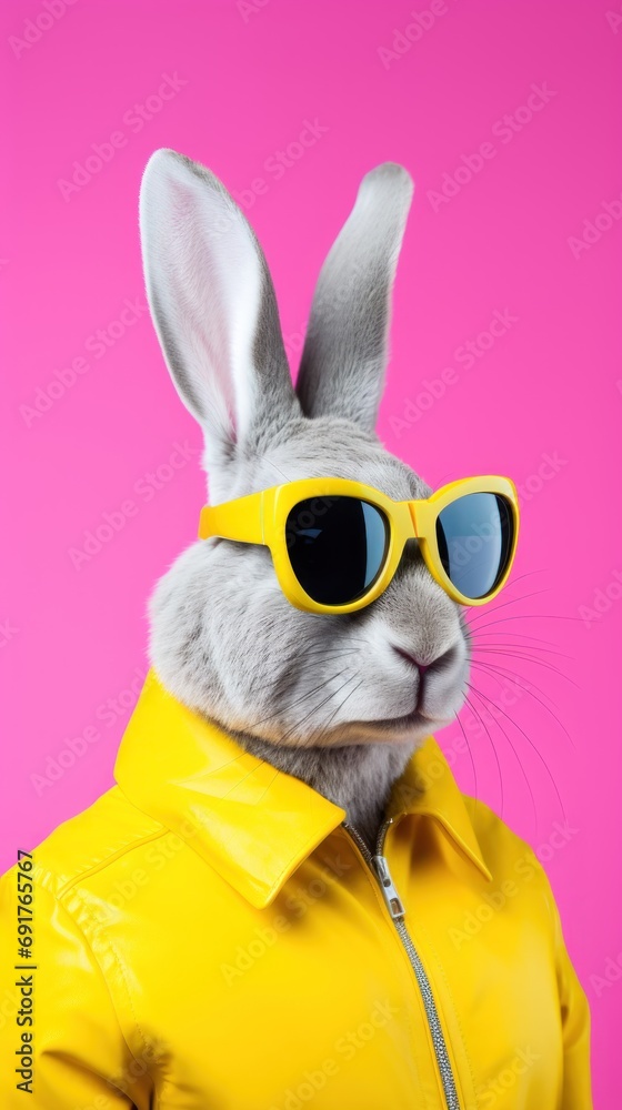 Portrait photorealistic of anthropomorphic fashion Rabbit isolated on solid neon background. Creative animal concept. 