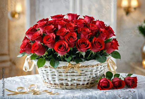 Red roses arranged in wicke...