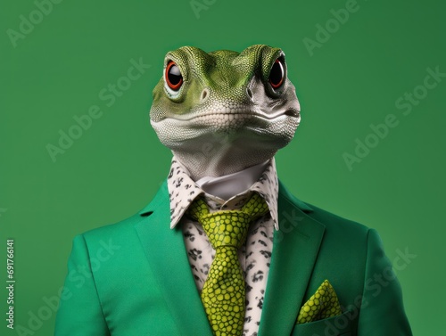 Portrait photorealistic of anthropomorphic fashion Salamander isolated on solid green background. Creative animal concept. 