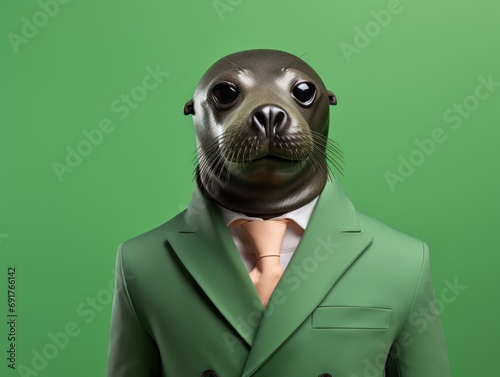 Portrait photorealistic of anthropomorphic fashion Seal isolated on solid green background. Creative animal concept.  © keystoker