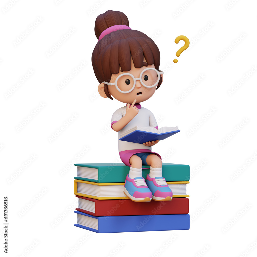 3D girl character get confused when reading a book 3D girl character get confused when reading a book