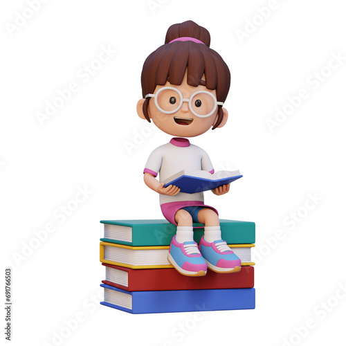 3D happy girl character reading book