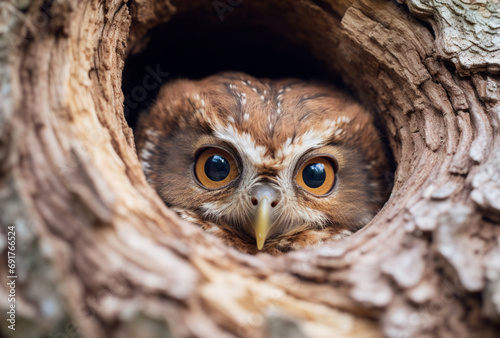 cute owl in nest on tree. Ai generated images photo