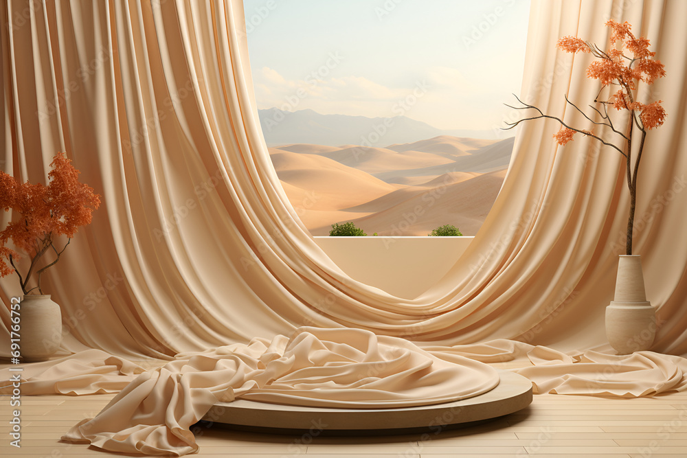 Podium for display product. Silk beige background for product, generated AI Podium for display product. Silk beige background for product, generated AI