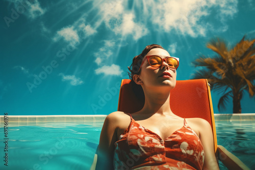 Mujer joven tomando el sol en la piscina.