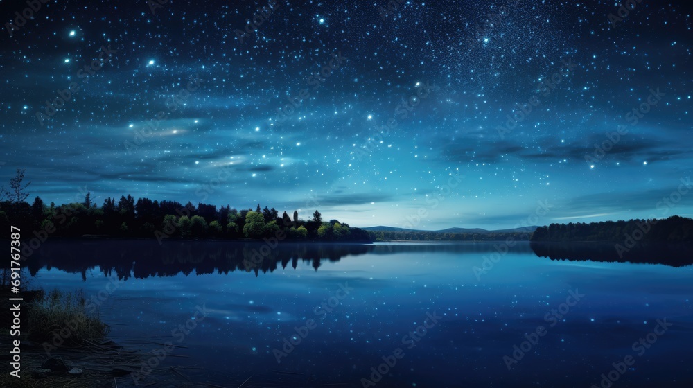 Starry sky over the beautiful lake at night. Moonlight, constellation, water. Galaxy. Nature and space. AI Generated 