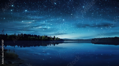 Starry sky over the beautiful lake at night. Moonlight, constellation, water. Galaxy. Nature and space. AI Generated 