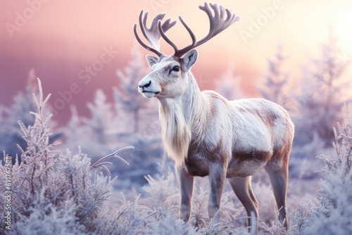 a reindeer in frosty forest