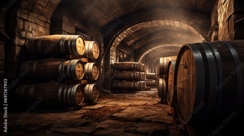 Old wine cellar with long wooden barrels. AI Generated