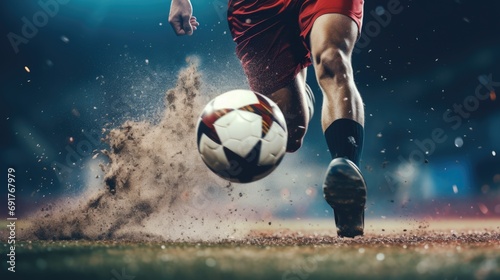Soccer player kicks a ball closeup. Dynamics of a football match. AI Generated