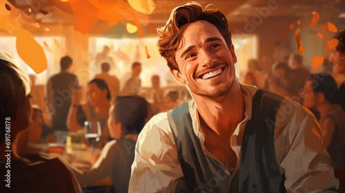 Handsome man laughing in a crowded restaurant cafe pub. Smiling person enjoying eating out for dinner at golden hour.