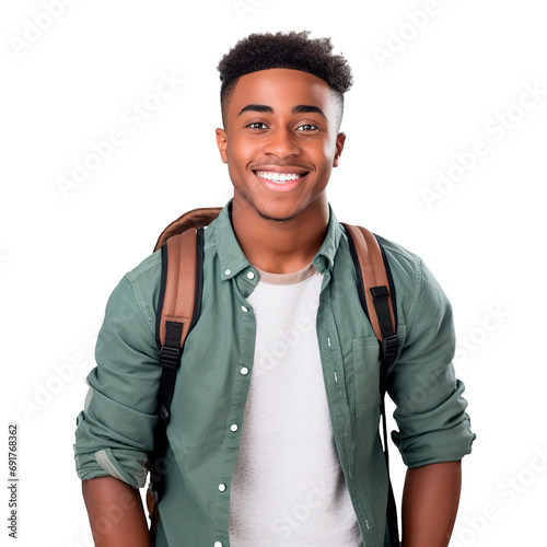 Happy young African American university boy posing over isolated transparent background photo