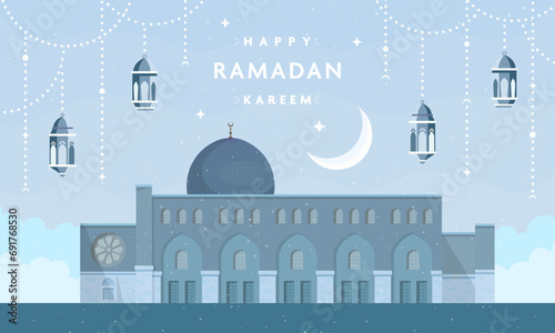 Ramadhan greetings with a beautiful mosque background