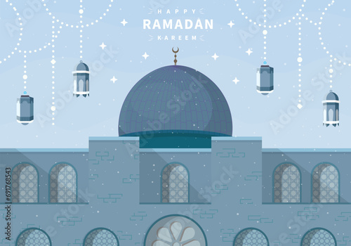 Ramadhan greetings with a beautiful mosque background