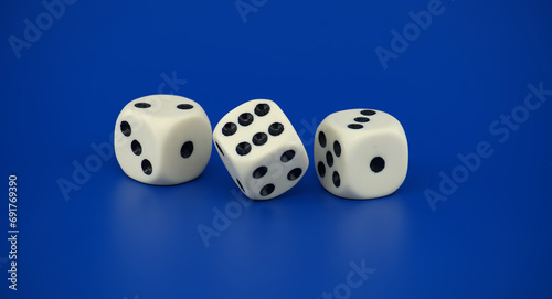 Gaming scene with three dice on blue background