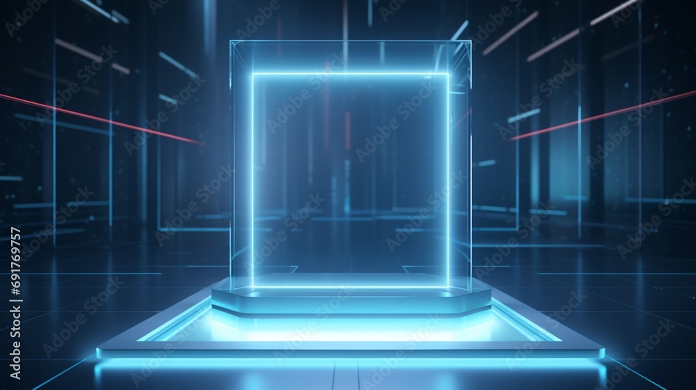 3D Mockup podium poster fully empty Blank Frame, hanging on a sleek glass podium, above a futuristic tech-themed modern display room 3D Mockup podium poster fully empty Blank Frame, hanging on a sleek glass podium, above a futuristic tech-themed modern display room