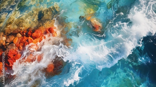 An The beauty of the abstract waves in the colorful river and sea meet during the high and low tides.