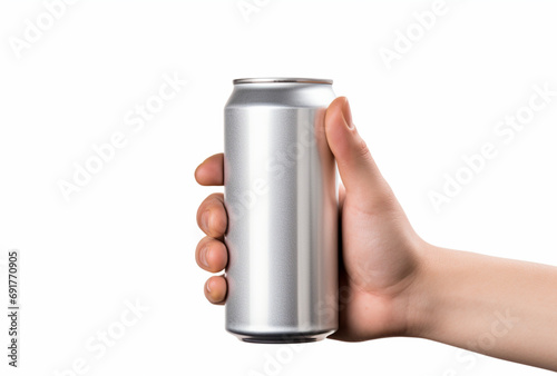 hand holding aluminum bottle, white background. Ai generated Images