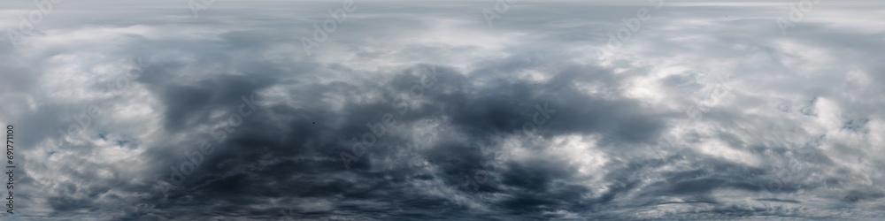 Dramatic overcast sky panorama with dark gloomy Cumulonimbus clouds. HDR 360 seamless spherical panorama. Sky dome in 3D, sky replacement for aerial drone panoramas. Weather and climate change concept