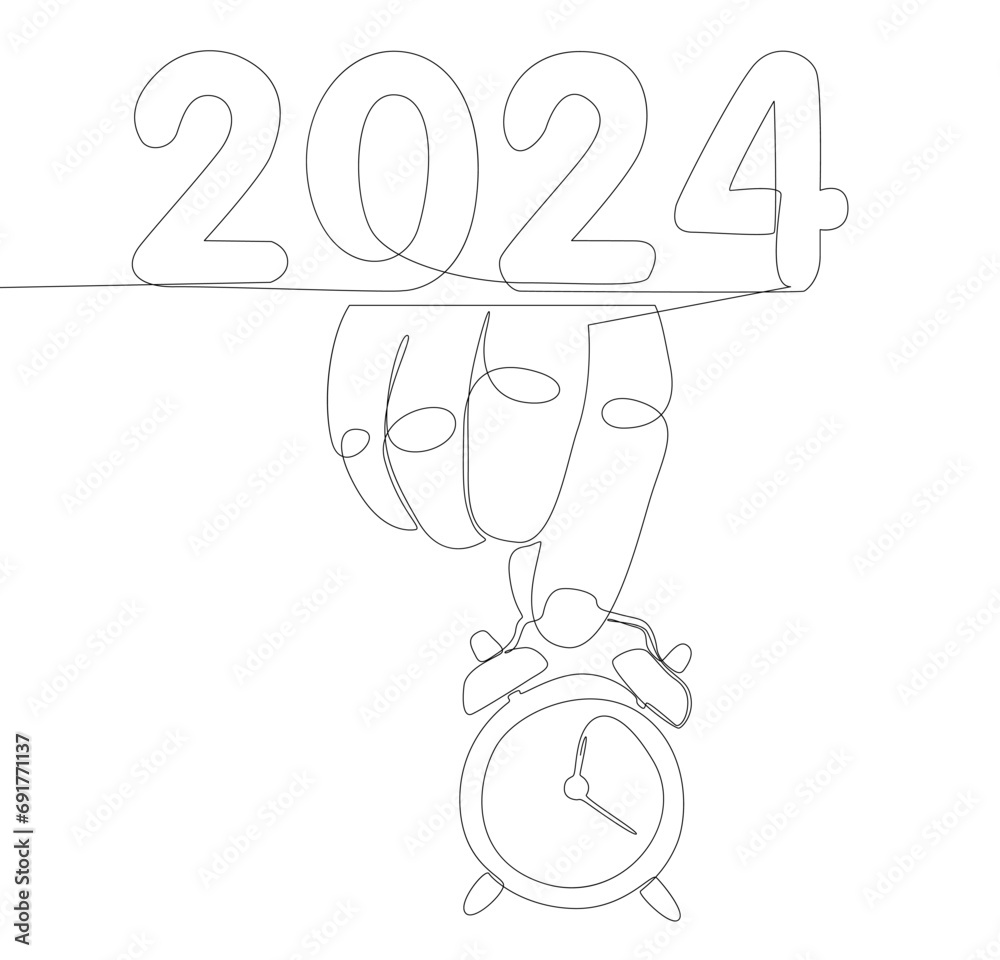 Fototapeta premium One continuous line of alarm clock with the number 2024. Thin Line holiday Illustration vector concept. Contour Drawing Creative ideas.