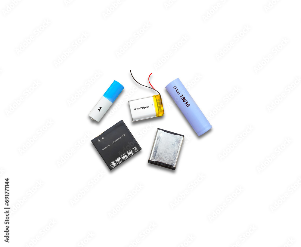 Fototapeta premium Lithium ion battery group various sizes on white background , Battery technology concept