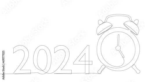 One continuous line of alarm clock with the number 2024. Thin Line holiday Illustration vector concept. Contour Drawing Creative ideas.