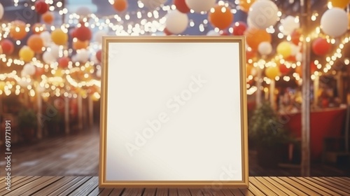 3D Mockup poster empty Blank Frame, hanging on a carnival lights wall, above a festive and lively display room