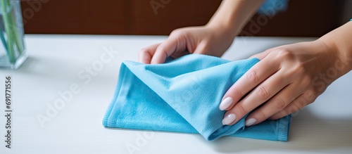 Sanitizing surfaces with a blue cloth to prevent coronavirus in hospitals and public areas. Woman using wet wipe at home. Room cleaning.