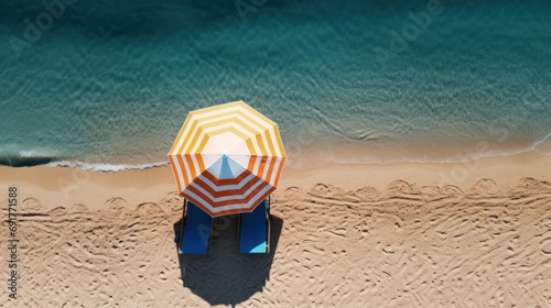 A Top view  beach umbrella with chairs Inflatable ring on the sandy beach summer vacation concept Copy space summer vacation and business travel ideas.