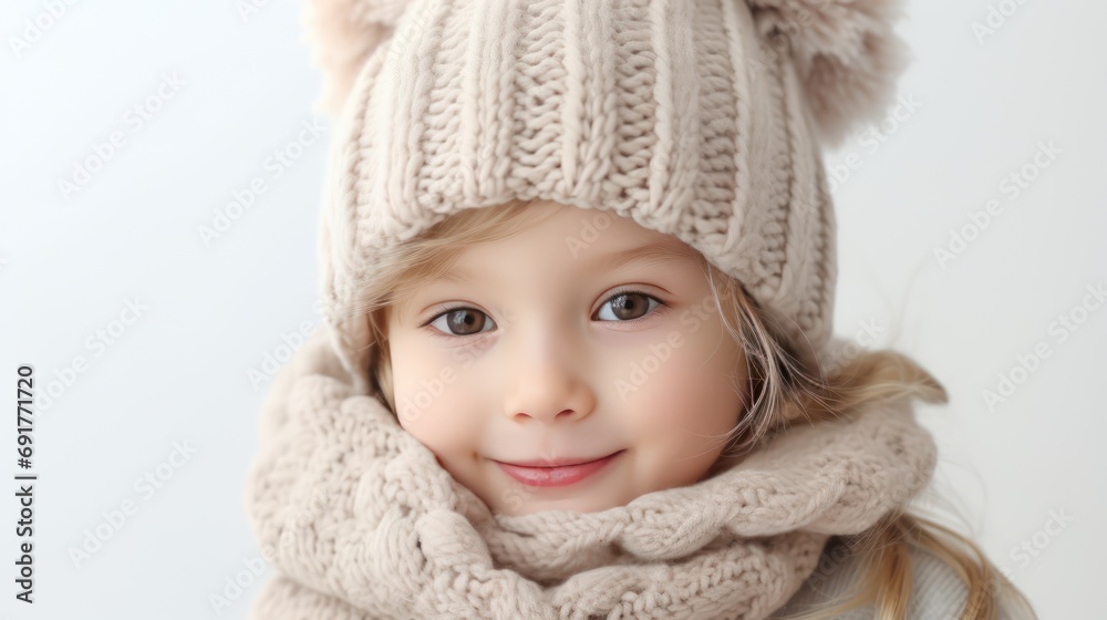 A Portrait, Little blonde girl playing in a warm hat In winter and wear a scarf on a white background. A Portrait, Little blonde girl playing in a warm hat In winter and wear a scarf on a white background.