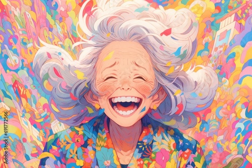 笑顔のシニア女性イラスト,Generative AI AI画像