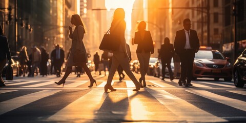 Business people on zebra crossing street, sunset time