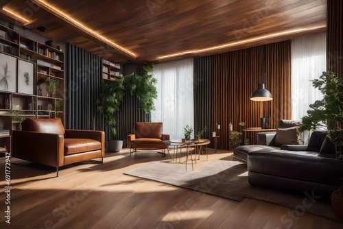   interior of living room with leather sofa and armchair.