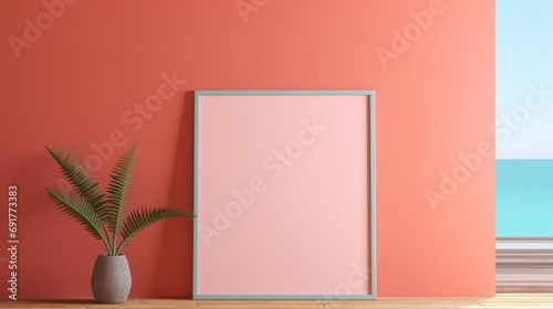 3D Mockup poster empty Blank Frame, hanging on a coral-colored wall, above a summer beach house-themed display room