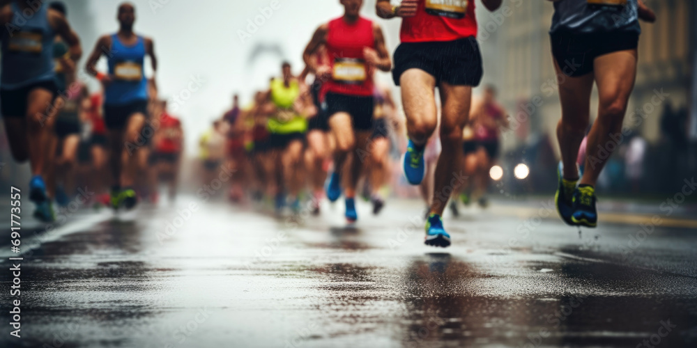 Fototapeta premium Crowd of sports people running outdoors marathon on rainy day